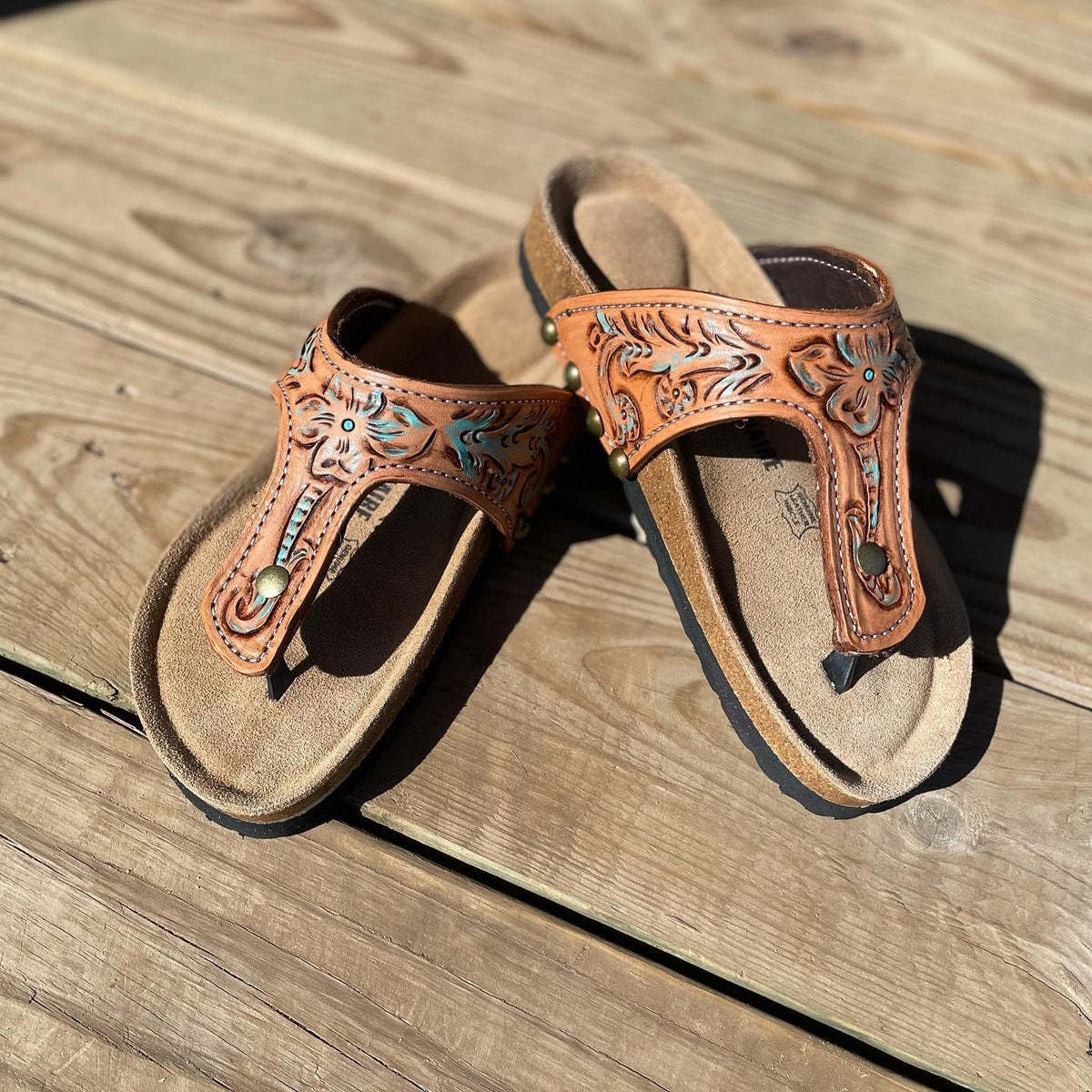 Tooled Leather Painted Sandals T Bar Leather Co